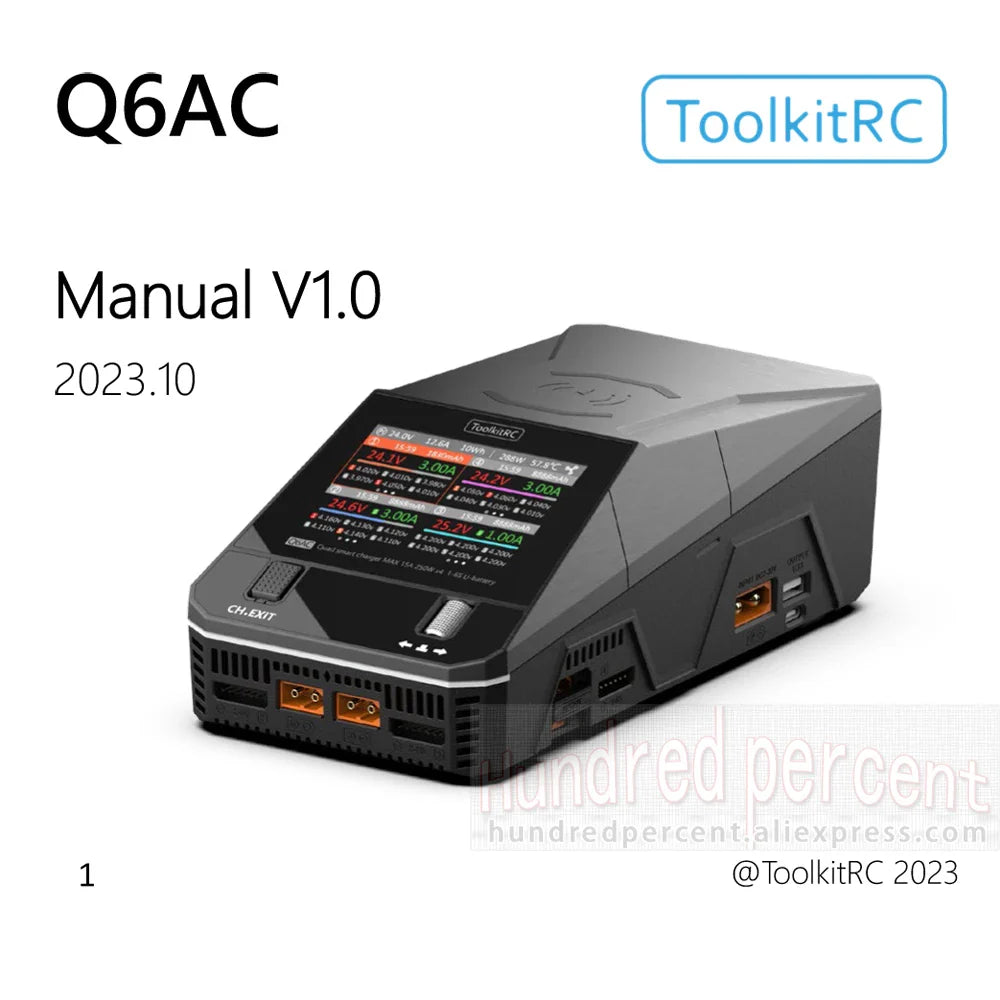 ToolkitRC Q6AC Charger — AC 400W/DC 1000W 4CH with USB A/Type-C, LiPo 1-6S, NiMH 1-16S, PB 1-10S, IPS Display