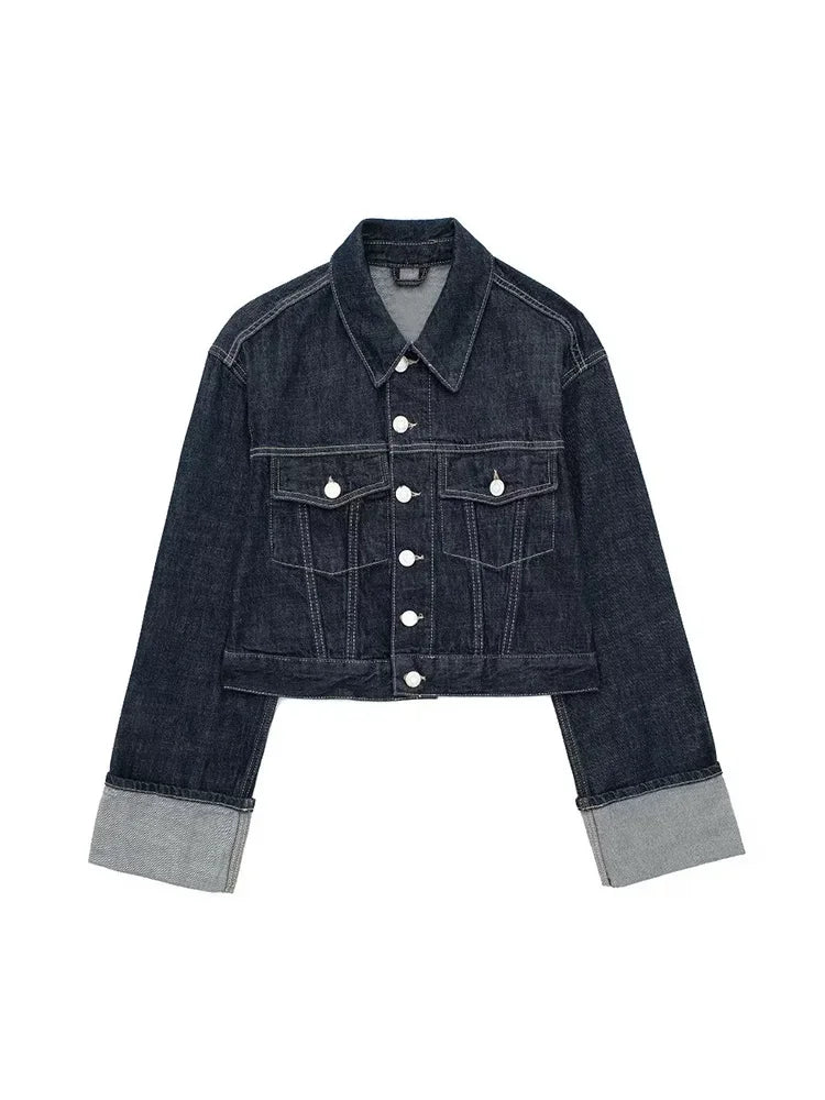 Willshela Women’s Denim Jacket – Vintage Single-Breasted, Lapel Neck, Long Sleeves, Chic with Pockets