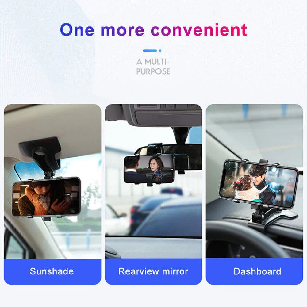 Car Dashboard Phone Holder – 360° Rotating Auto Grip Bracket, Foldable Rearview Mirror Navigation Mount