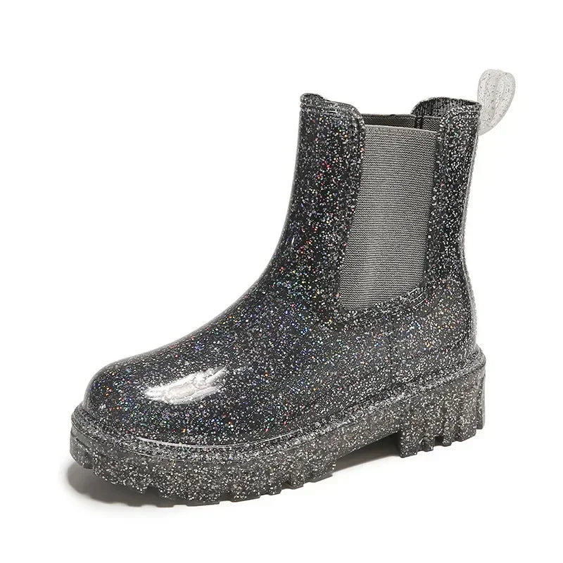 Women’s Shiny Color Fashion Rain Boots – Four-Season Waterproof Mid-Tube Ankle Outdoor Shoes