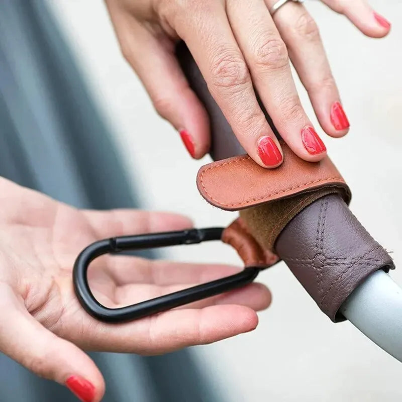 Leather Baby Stroller Hook Organizer – PU Adjustable Pram Hook & Diaper Bag Hanger for Travel & Baby Accessories Storage