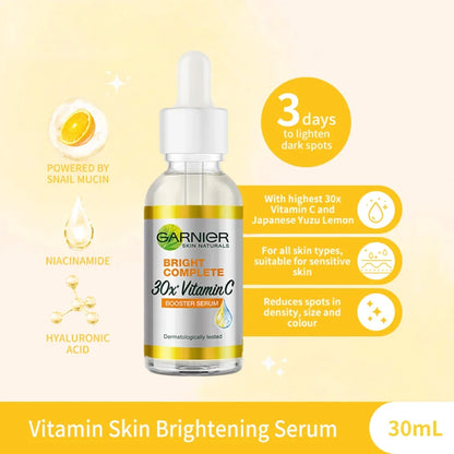 Garnier Bright Complete Vitamin C Booster Serum – 30x Niacinamide Essence for Whitening & Acne Mark Fade, 30ml