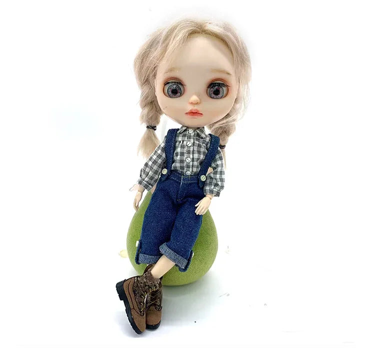 Casual Blythe Doll Clothes – Romper, Plaid Pants & Long Sleeve Top for Licca, Azone, OB24/OB27 Dolls