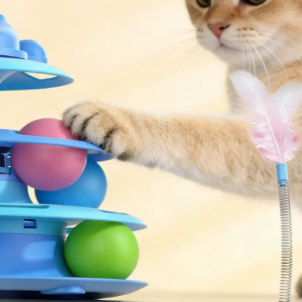 4-Layer Feather Cat Turntable - Interactive Ball & Playing Stick Toy for Cats