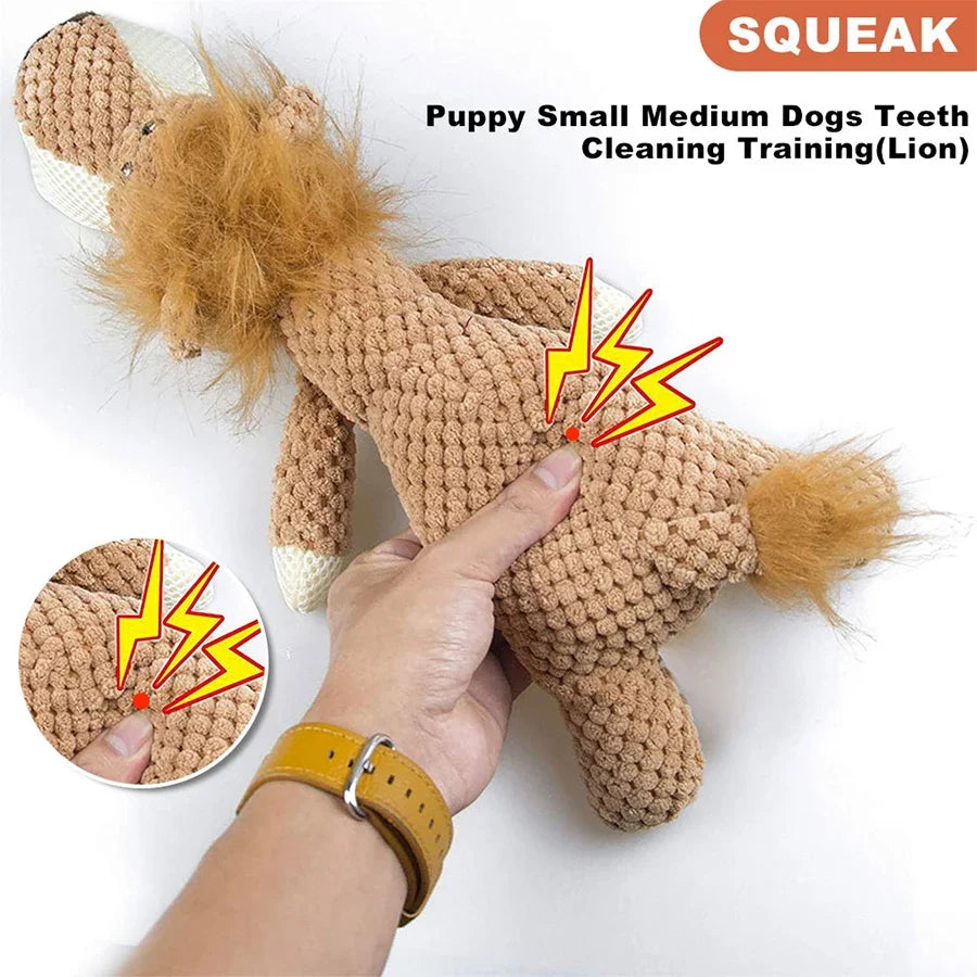 Large Dog Squeaky Plush Toy - Bite-Resistant Cartoon Lion, Wolf & Elephant Chew Toy for Small Medium Dogs
