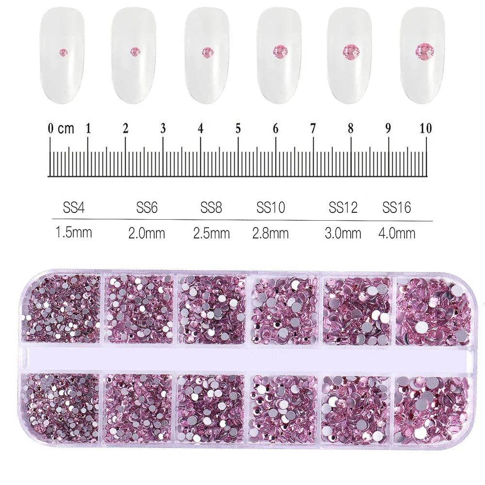 12-Grid 3D Glass AB Crystal Nail Art Rhinestones Kit – Flatback Round Beads with Tools for Nail Jewelry & Diamond Decoration