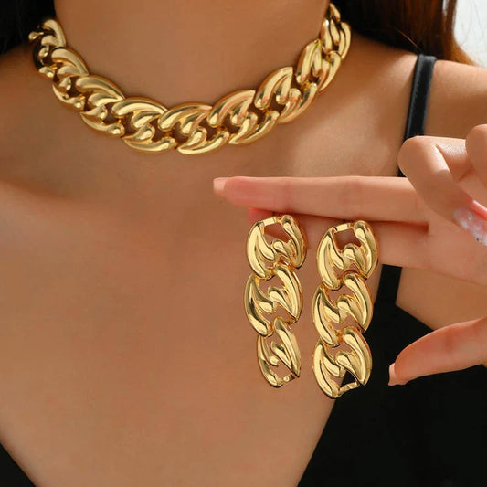 2PCS Set Big Cuban Chain Earring & Necklace Set – Gold Color Chunky Chain, Vintage Choker & Drop Earrings Jewelry Set