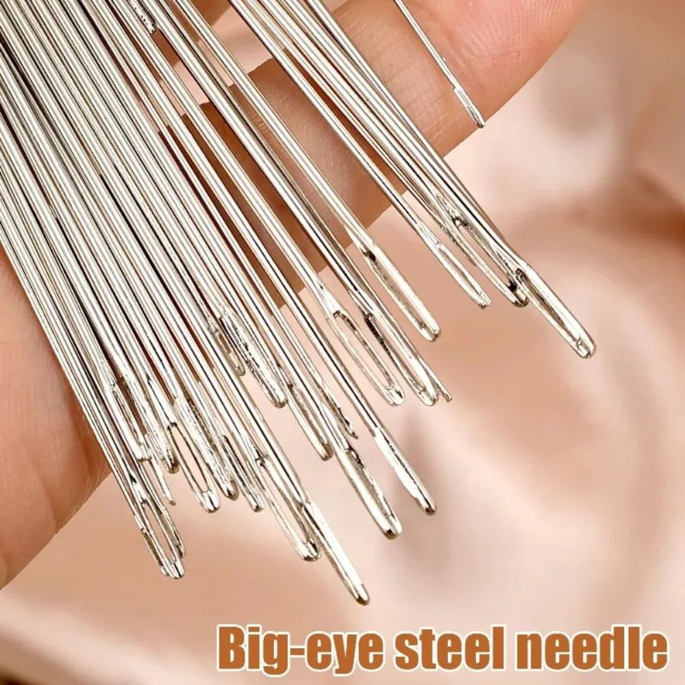 Big Eye Sewing Needle Set with Threader & Thimble – Steel Hand Stitching Kit for Embroidery, DIY Craft & Clothing Repair Tools