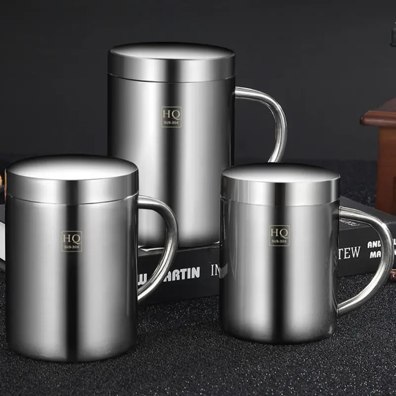 304 Stainless Steel Double-Layer Mug – Anti-Scalding Thermos Cup for Coffee, Tea, Milk, and Beer – Office and Home Use