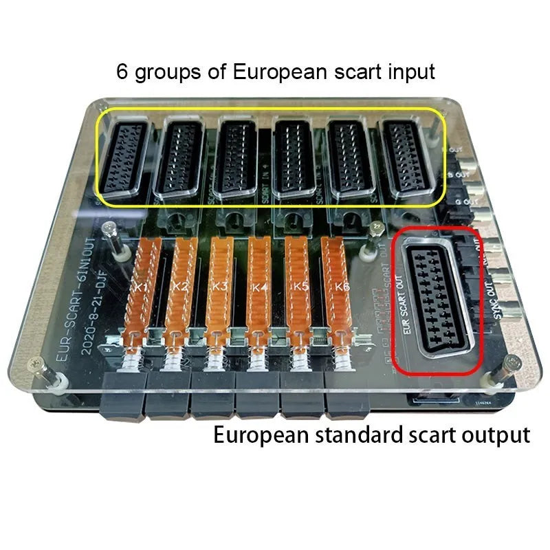 6-in-1 Video SCART Distributor & Automatic Converter – RCA/SVHS/AV TV Audio Switcher with Acrylic Case