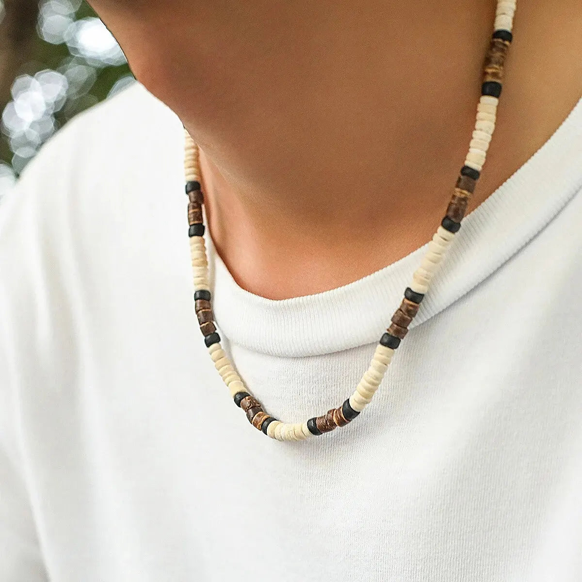 Men’s Summer Beach Wooden Bead Necklace – Handmade Tribal Surfer Jewelry with Geometric Steampunk Design
