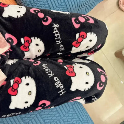 Thick Hello Kitty Fleece Pajama Pants – Soft Double Elastic Anime Trousers for Women, Cute Sanrio Birthday Gift