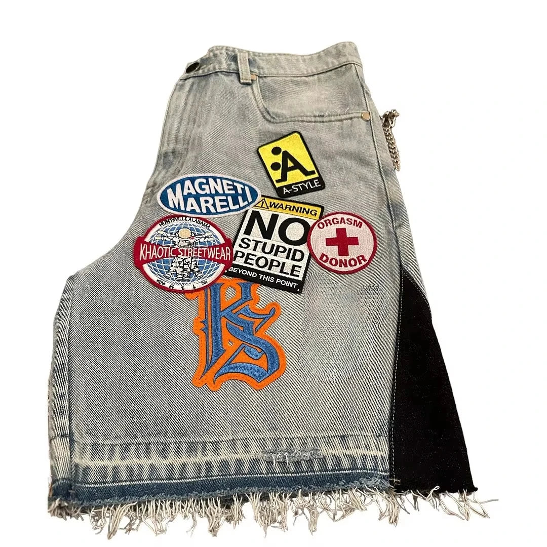Streetwear Retro Patchwork Denim Shorts – Y2K Hip Hop Cartoon Graphic Loose Fit Jeans for Men & Women