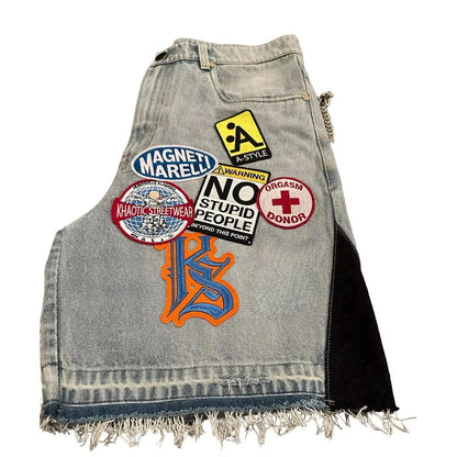 Streetwear Retro Patchwork Denim Shorts – Y2K Hip Hop Cartoon Graphic Loose Fit Jeans for Men & Women