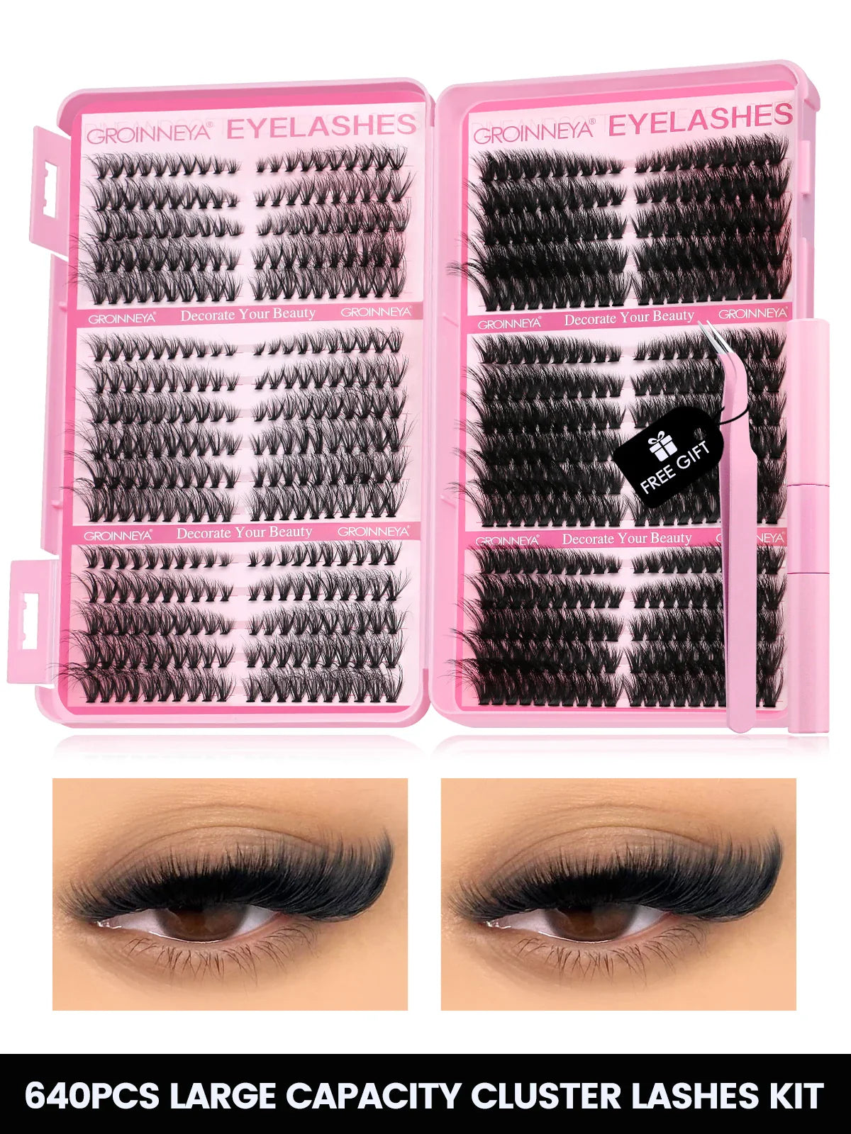 GROINNEYA Cat Lash Clusters Kit – 640pcs with Lash Bond & Seal, DIY Eyelash Extensions for Home Use