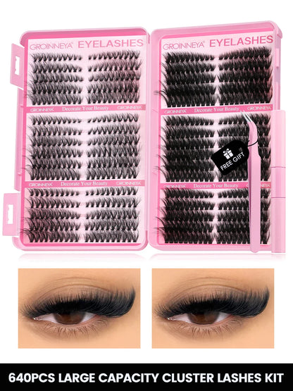 GROINNEYA Cat Lash Clusters Kit – 640pcs with Lash Bond & Seal, DIY Eyelash Extensions for Home Use
