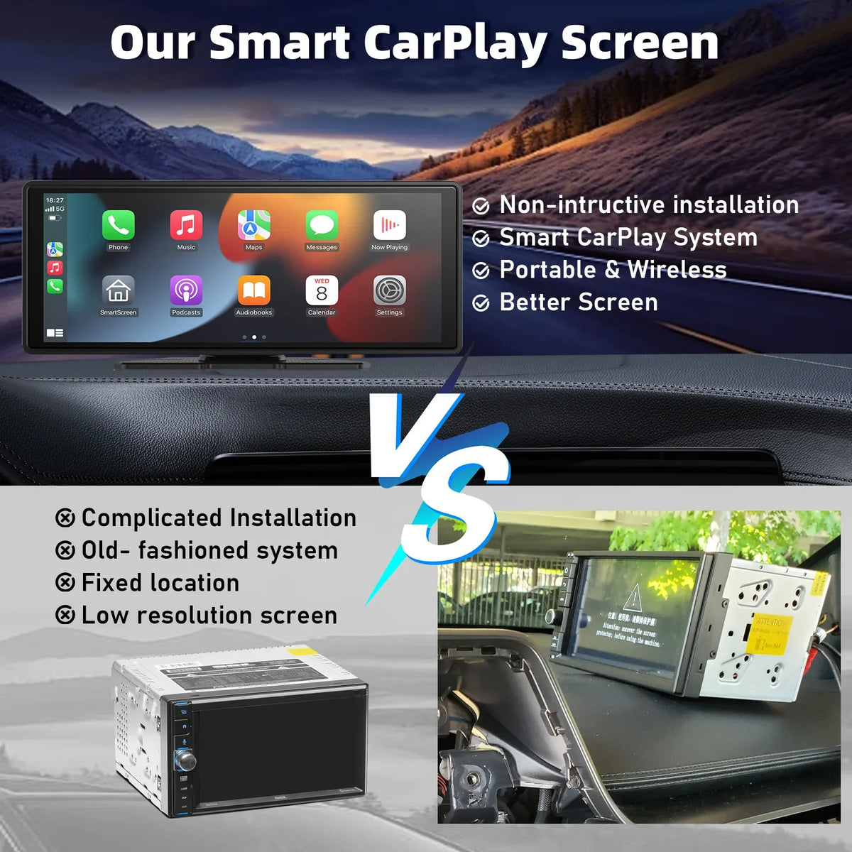 Portable Wireless CarPlay Car Stereo 10.26-Inch HD Touchscreen - Android Auto, Mirror Link & Backup Camera Support
