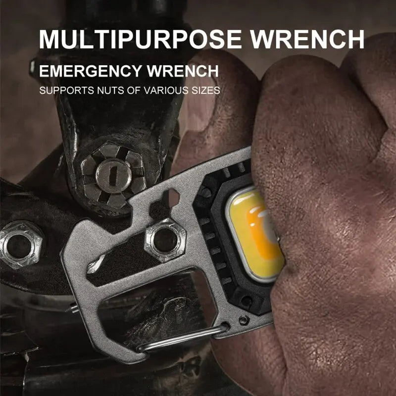 Rechargeable LED Keychain Flashlight - Mini Portable Pocket Work Light, Outdoor Camping Tool with Wrench, Screwdriver, and Safety Hammer