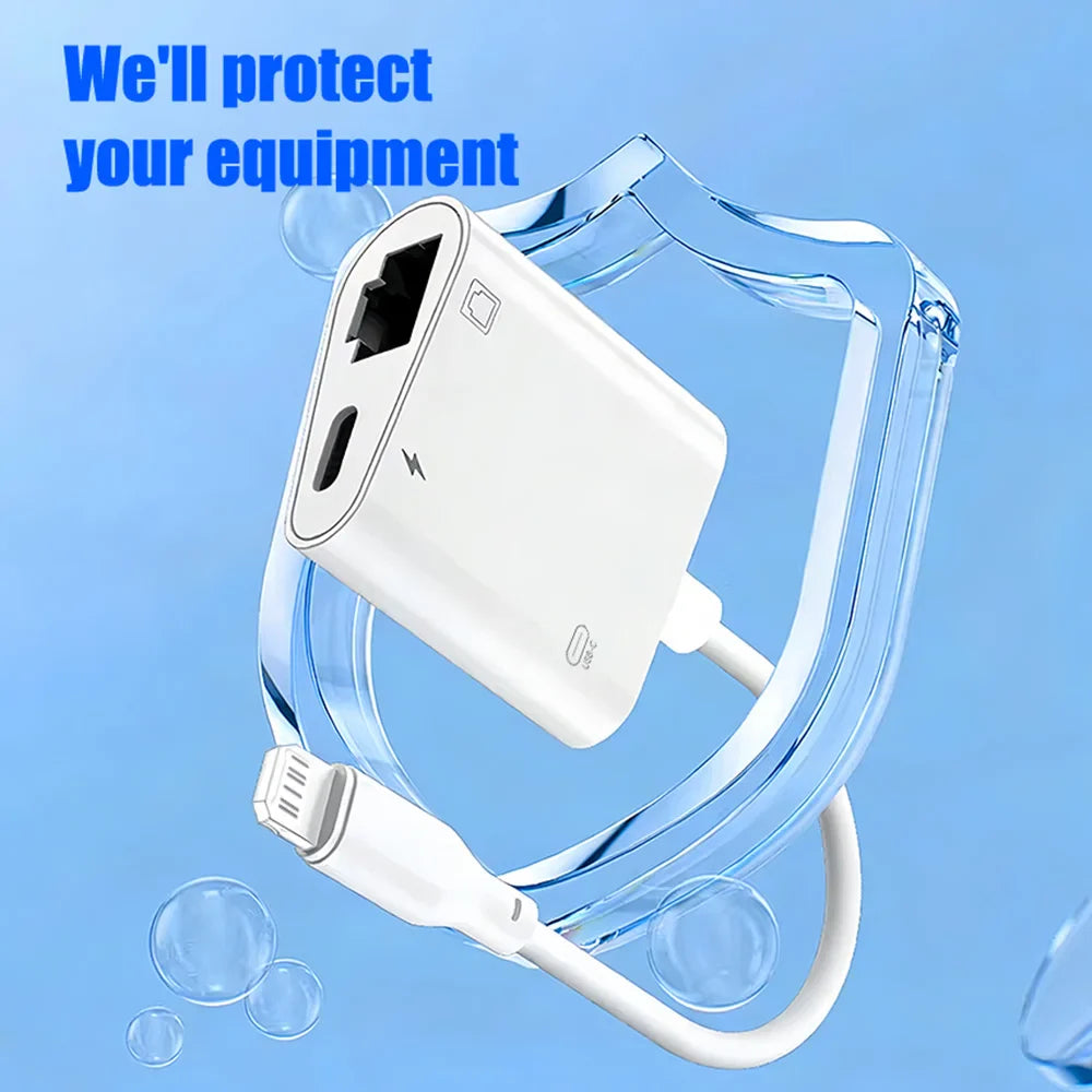 Lightning to RJ45 Ethernet Adapter 3-in-1 – Network Card Converter with Charging & Data Transfer for iPhone 14/13/12/11 Pro