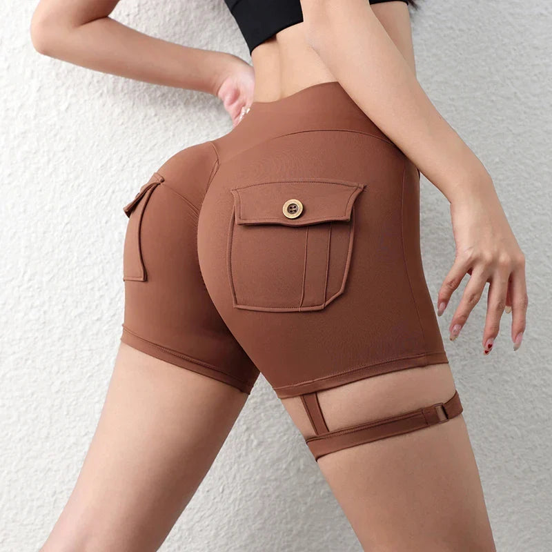 Women’s Peach Butt Fitness Shorts – High-Waisted Lift Yoga Capri Pants with Cargo Pockets, Quick-Dry Summer Workout Leggings