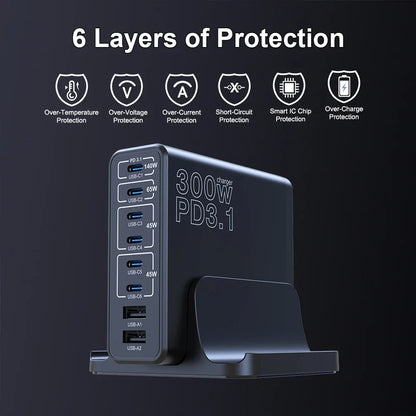 Ubigbuy 300W Multi-Port GaN Charger - USB-C 140W PD 3.1 & PPS 100W Charging Station for MacBook Pro M2, iPhone 15/14, Galaxy