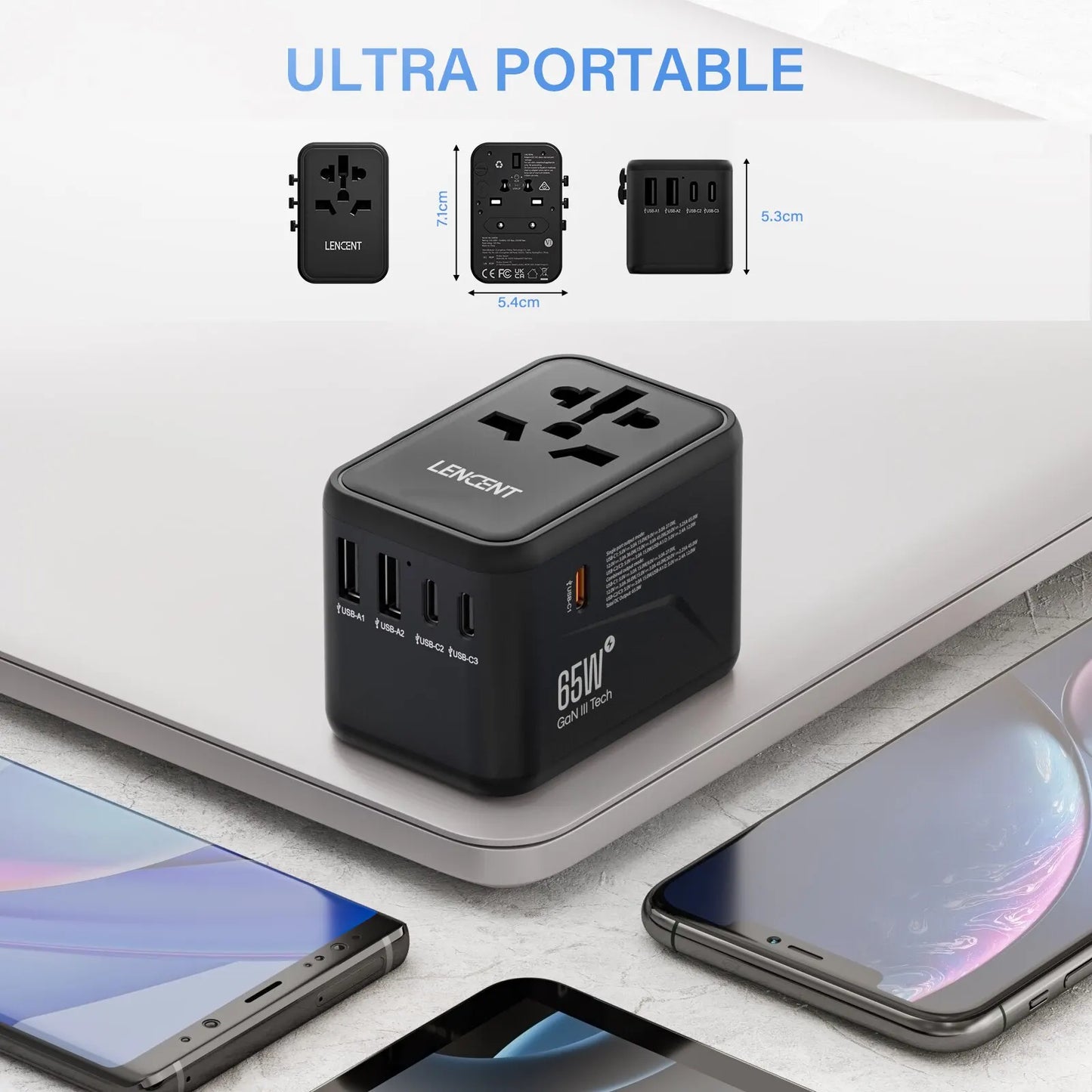LENCENT 65W/100W GaN International Travel Adapter: 2 USB 3 Type C GaN Fast Charging Adapter with EU AU US UK Plug - Ideal for Travel