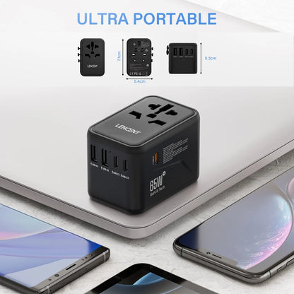 LENCENT 65W/100W GaN International Travel Adapter: 2 USB 3 Type C GaN Fast Charging Adapter with EU AU US UK Plug - Ideal for Travel