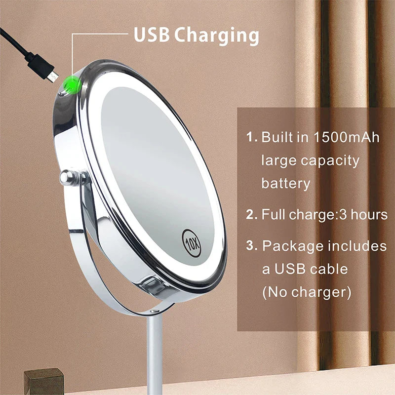 8 Inch 10X Magnifying LED Makeup Mirror - Double-Sided with 3 Color Light Touch Switch, USB Charging, Desktop Vanity Cosmetic Mirror