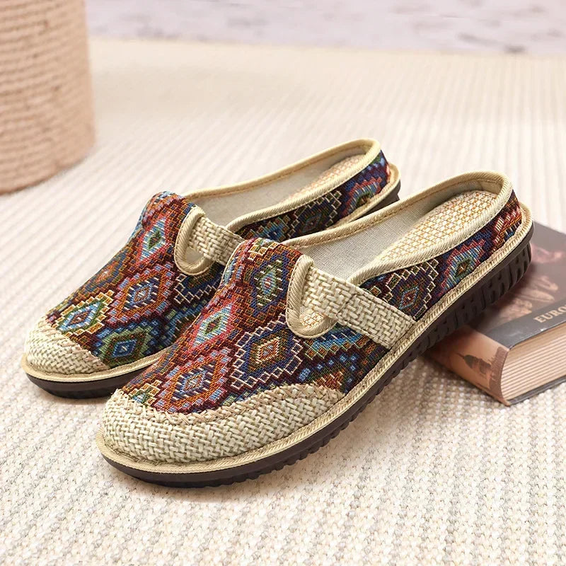 2024 Fashion Women’s Ethnic Embroidered Linen Shoes – Breathable Casual Outdoor Slippers