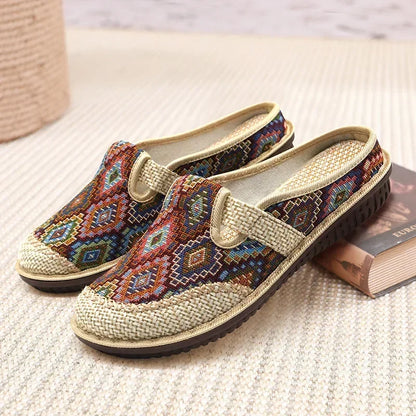 2024 Fashion Women’s Ethnic Embroidered Linen Shoes – Breathable Casual Outdoor Slippers