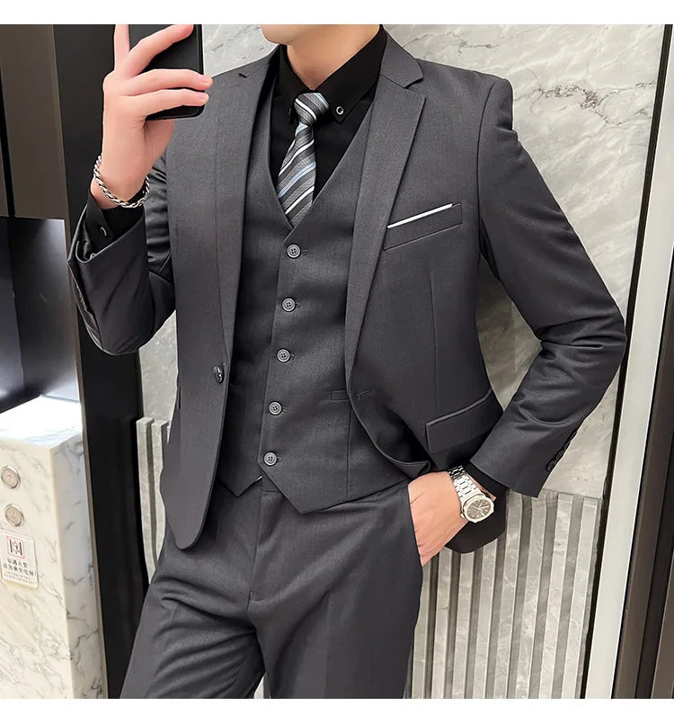 High-Quality Men’s 3-Piece Suit Set — Business Casual & Wedding Outfit (Jacket + Vest + Trousers), 2024 Fashion Banquet, Sizes S-6XL