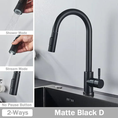 Black Pull-Out Kitchen Faucet - Deck Mounted, Flexible Hot & Cold Water Sink Mixer Tap with Stream & Shower Modes Nozzle