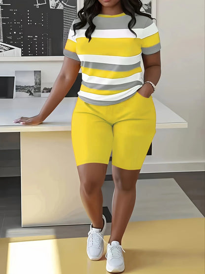Plus Size Women’s Two-Piece Striped Outfit Set – Short Sleeve Top & High Waist Shorts Casual Summer Wear