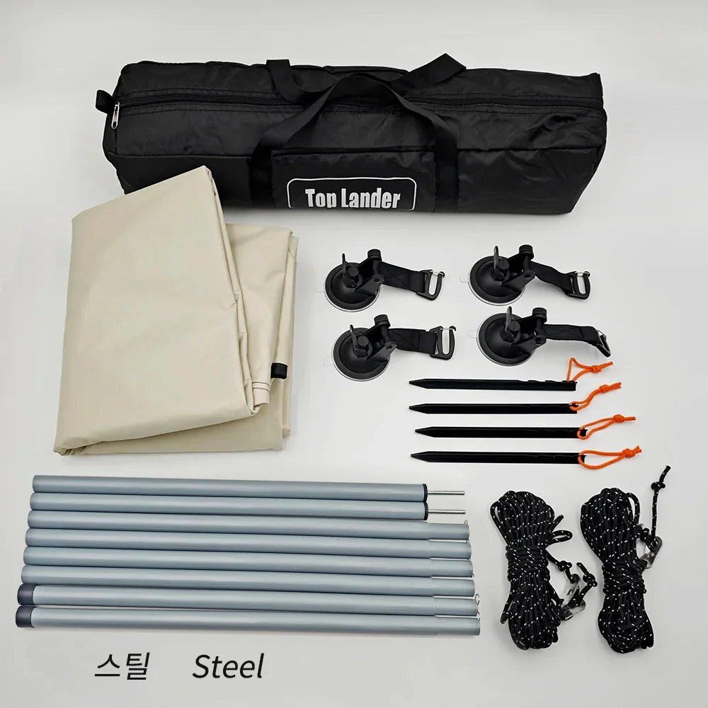 Manta Ray Car Side Awning – Black Coating Tarp with Suction Cup Anchor, Waterproof UV Protection for Outdoor Camping & SUV Shade