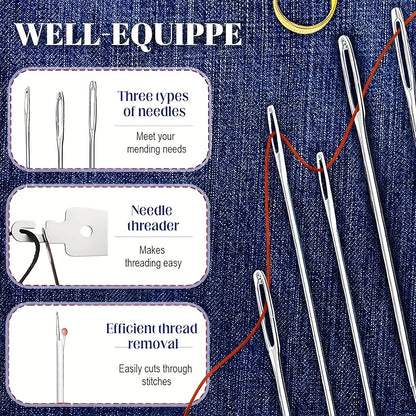 34PCS Hand Sewing Tool Set – Large Eye Stainless Steel Needles with Threaders for DIY Clothing Repair, Embroidery & Craft Supplies