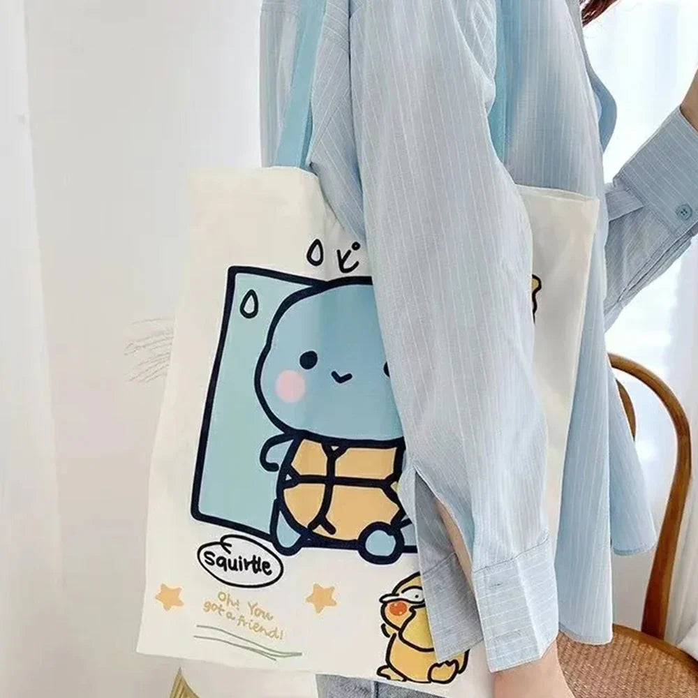 Anime Pokémon Canvas Shoulder Bag – Pikachu, Psyduck, Squirtle Casual Handbag for Women, Reusable Large Shopping Tote