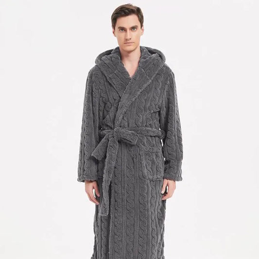 Men’s Fall & Winter Warm Hooded Robe – Thickened Cotton Velvet Jacquard Homewear for Couples