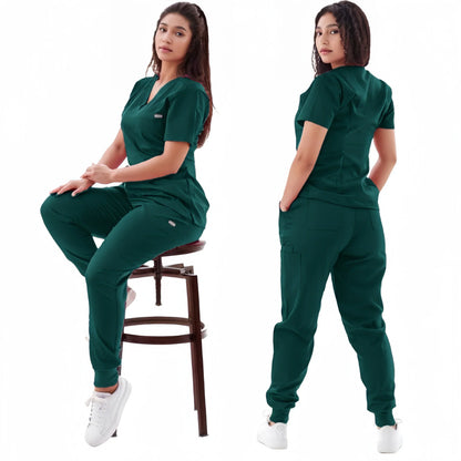 Multicolor Jogger Suit Nurse Scrubs Set - Medical Clinical Clothes with Short Sleeve V-Neck Tops and Pocket Pants, Doctor Nursing Uniforms