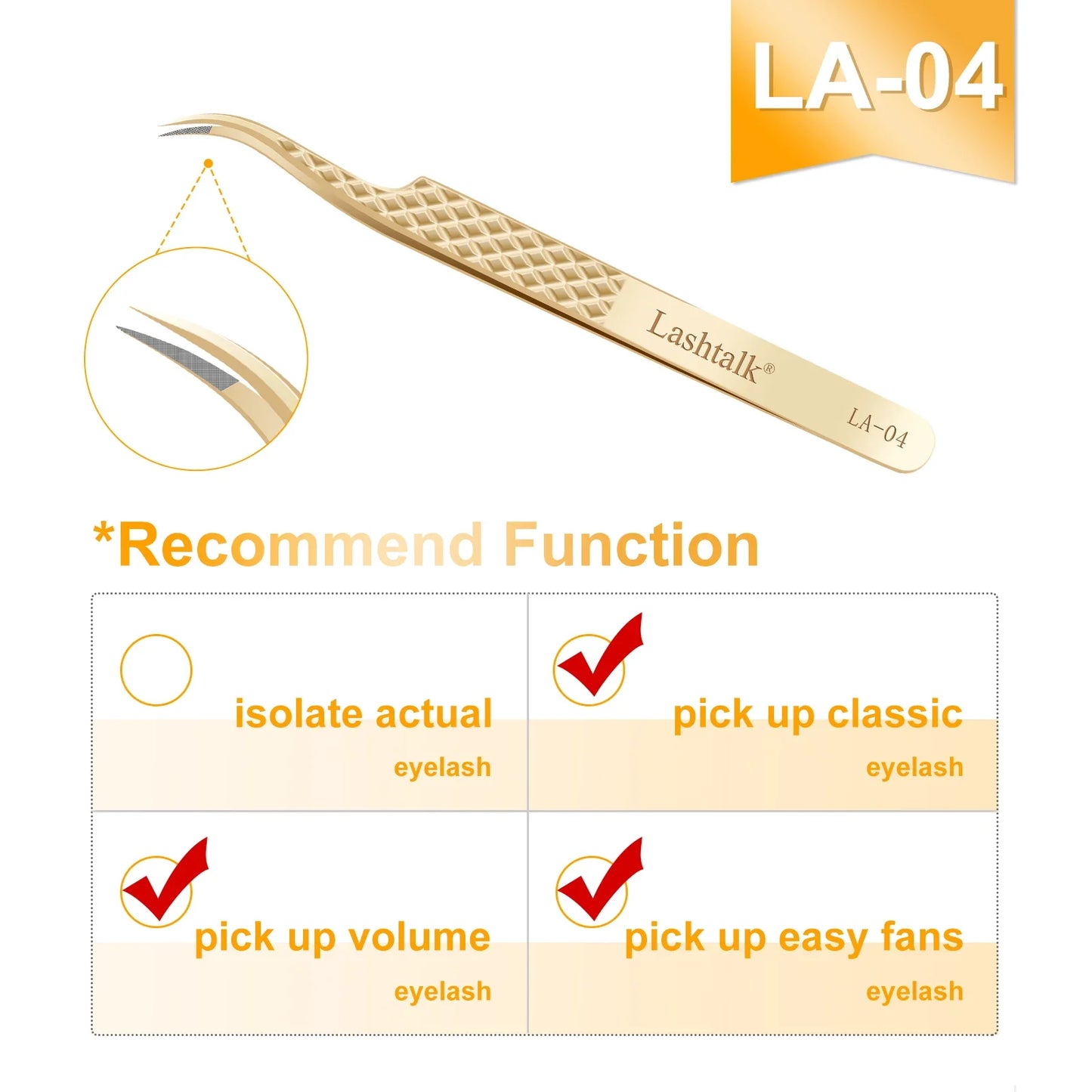 Lashtalk Precision Fiber Tip Tweezer - Diamond Grip Anti-Slip Gold Stainless Steel for Eyelash Extensions Makeup by Nagaraku