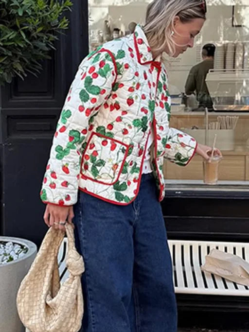 2025 Women’s Printed Quilted Padded Jacket – Collared Cotton Coat with Contrast Piped Pockets, Casual Autumn Outerwear