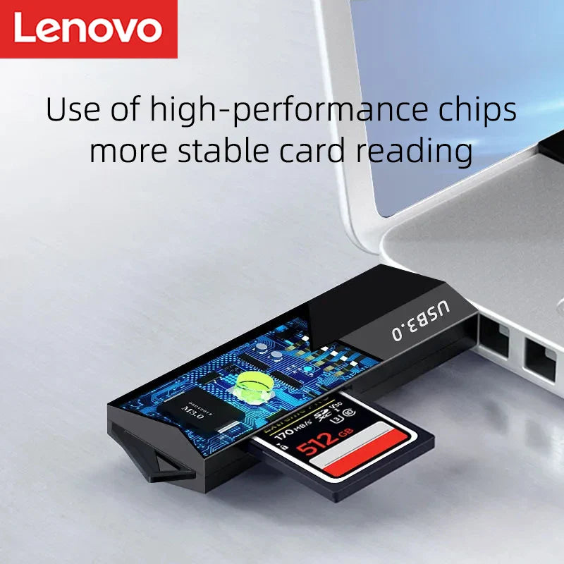 Lenovo D204 2 in 1 Memory Card Reader - Dual Interface USB 3.0 SD Card Adapter, Multi-Device Compatible