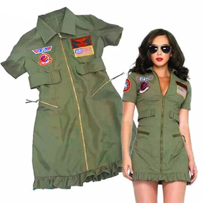 Women’s Top Gun Maverick Pilot Costume - Retro Military Flight Cosplay Halloween Outfit