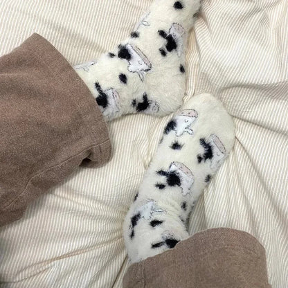 Cartoon Cow Mink Velvet Socks — Cute Cloud Plush Medium Tube Winter Socks for Women, Soft Indoor Stockings