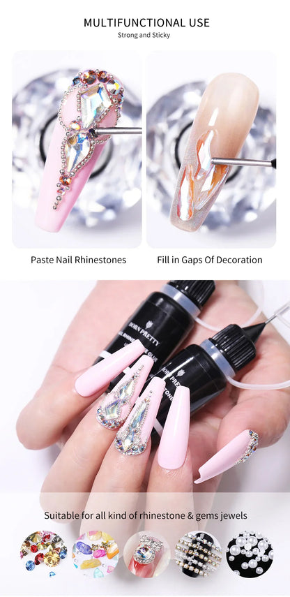 BORN PRETTY 10g Gel Nail Glue for Rhinestones - Super Adhesive, No Wipe Nail Gem Glue for 3D Crystals, Beads, Diamonds & Stickers