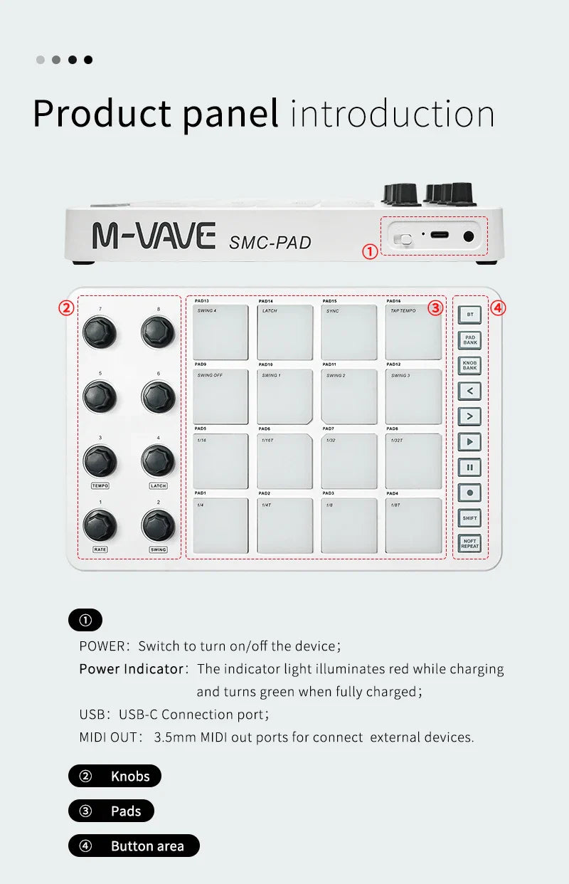 M-VAVE SMC-PAD Wireless MIDI Controller – Portable Percussion Keyboard with USB-C Interface, Compact MIDI Pad for Music Production