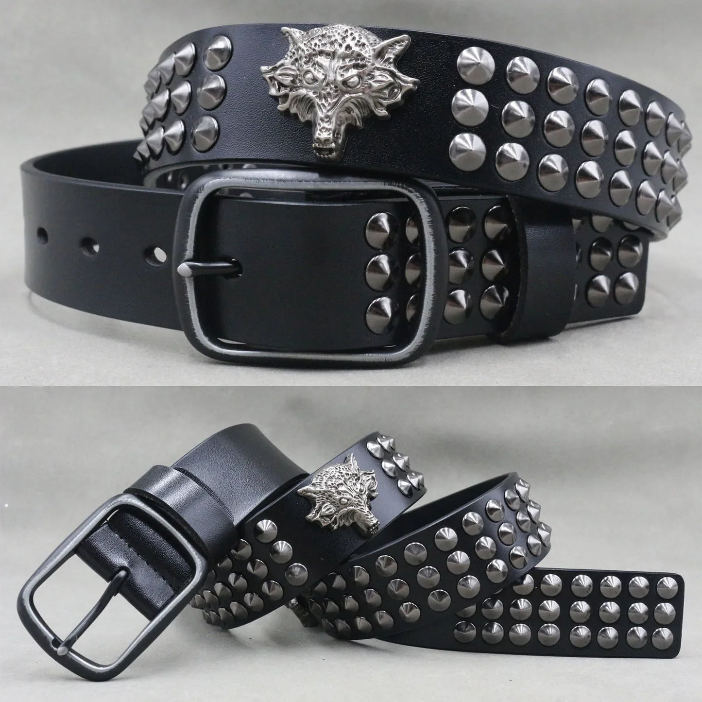 Men’s Designer Rivet Belt – Genuine Cowhide Leather Punk Rock Pin Belt for Jeans, Luxury Black Leather Belt