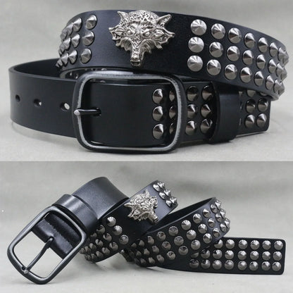 Men’s Designer Rivet Belt – Genuine Cowhide Leather Punk Rock Pin Belt for Jeans, Luxury Black Leather Belt