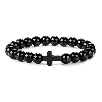 Natural Stone & Wood Bead Rosary Bracelet - Hematite Cross Meditation & Yoga Jewelry for Men & Women
