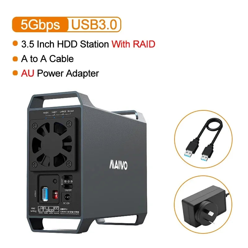 MAIWO 3.5 Inch Dual Bay External Hard Drive Enclosure – SATA Disk Array with 4 RAID Functions for 3.5 Inch HDD