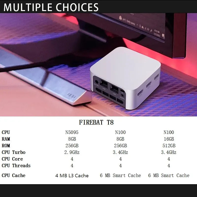 FIREBAT T8 Pro Plus Mini PC — Intel Celeron N5095/N100 Desktop, 8GB/16GB RAM, 256GB/512GB Storage, DDR4/DDR5, WiFi5 & BT4.2 Gaming Computer